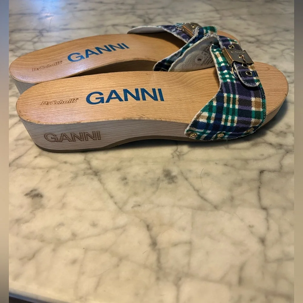 GANNI x Dr. Scholl's Plaid Sandals with Wooden Sole NWOB - Picture 2 of 9